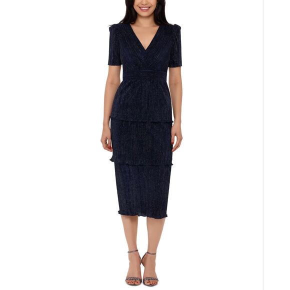 Xscape Dresses & Skirts - XSCAPE Pleated Sparkly Chiffon Midi Sheath Cocktail Dress Navy Blue Size 8